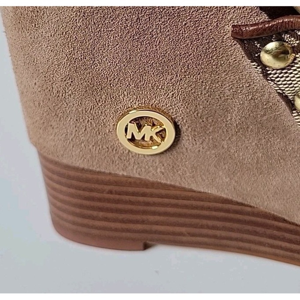 Michael Kors Belinda Open Toe Mules 9M Logo Canvas Suede Leather Platform Wedge - Picture 10 of 15